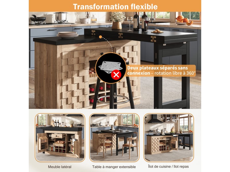  Îlot de cuisine extensible 120-197 x 40 x 74,2 cm, plateau pivotant à 360°, casier à vin amovible, tiroir, chêne clair  - Conforama E
