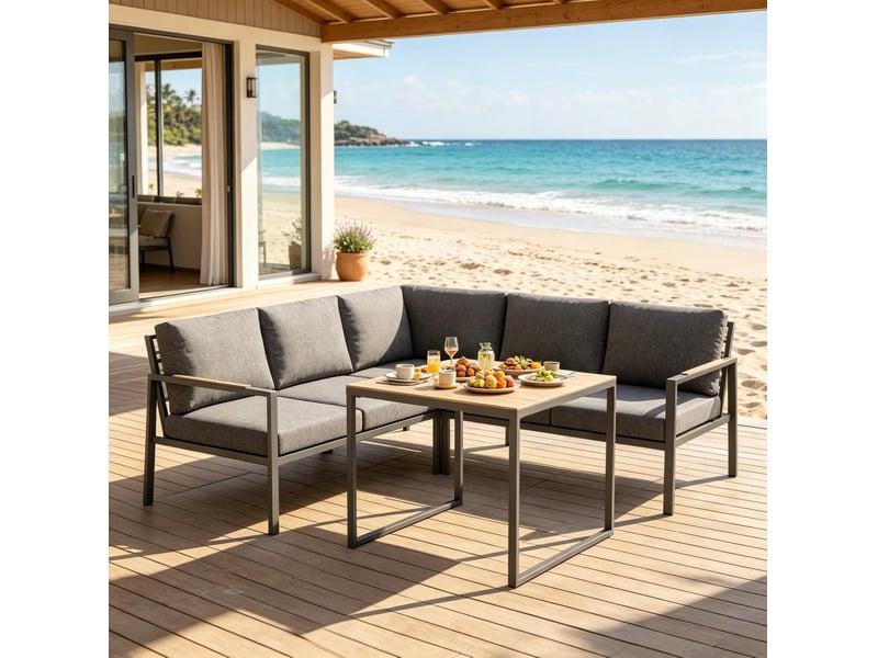 Salon de jardin contemporain en l 5 places avec table basse, gris foncé - Conforama C