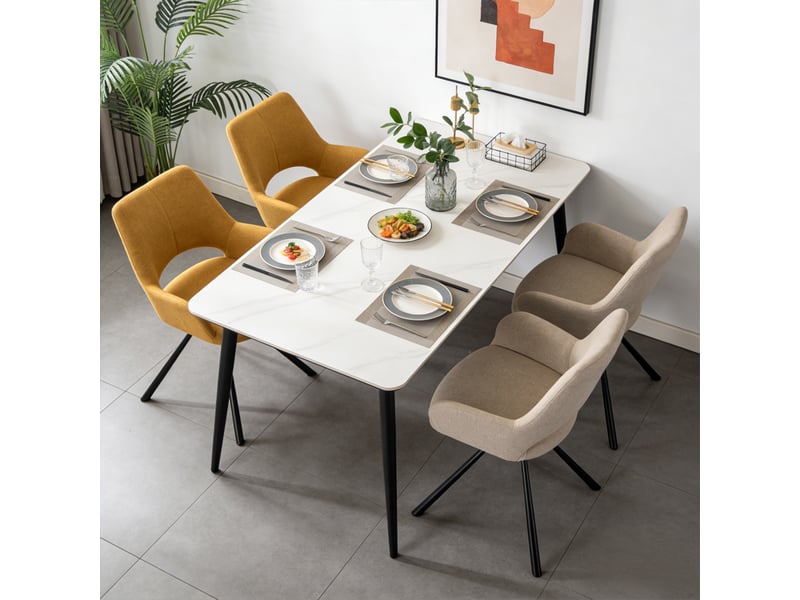  Lot de 4 chaise de salle à manger avec accoudoirs, pieds métal, beige + jaune  - Conforama E
