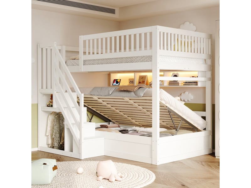 Lit superposé 250 × 200 cm – avec escalier de rangement – avec étagères – avec éclairage led – avec prise électrique – blanc (matelas non inclus) - Conforama D