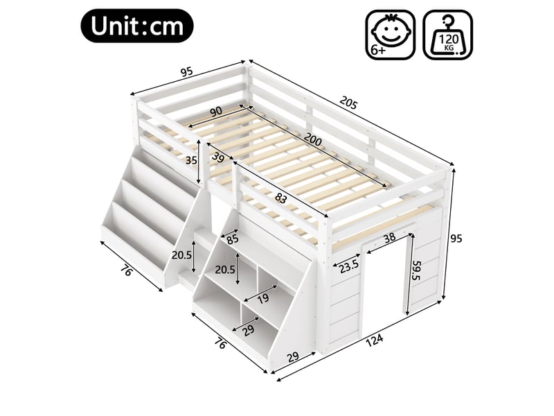  Lit enfant, 90 x 200 cm, led pilotable, échelle, lit mi haut avec rangements, matelas non inclus, pin, coloris blanc  - Conforama C