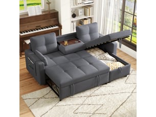 Canapé d’angle modulable en l convertible, fonction lit, rangement intégré et porte-gobelet escamotable, tissu lin, gris, design moderne pour salon