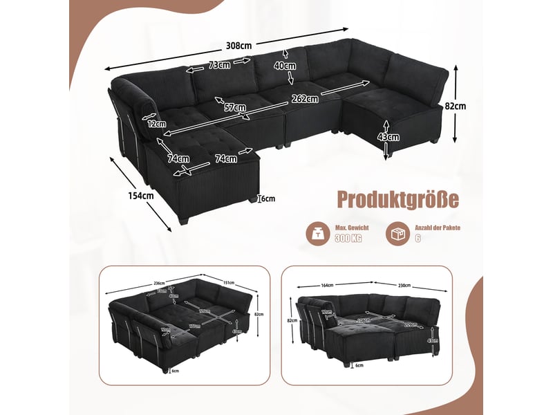  Canapé modulable 6 places en velours côtelé noir, convertible en couchage, avec poches latérales pratiques  - Conforama C