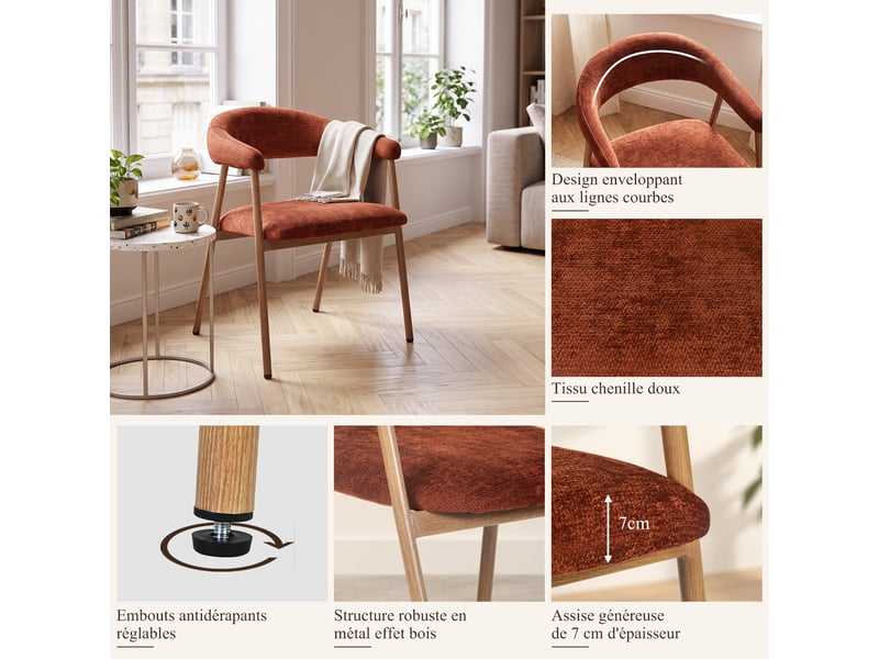 Chaises de salle à manger lot de 4 rembourrée en chenille, pieds en métal effet bois, rouge - Conforama E