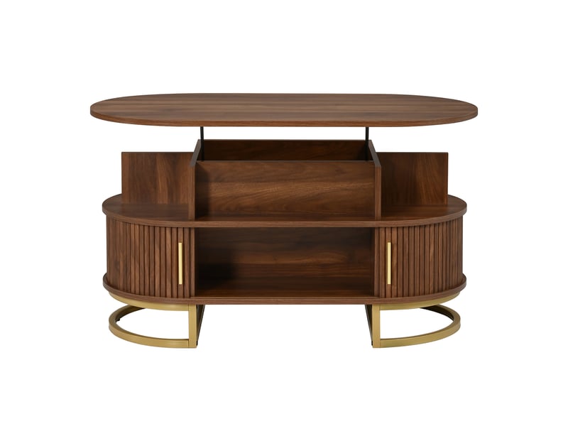  Table basse relevable, table de salon ovale avec rangement et portes coulissantes, mdf et pieds en acier doré 100x50x64cm, noyer  - Conforama D