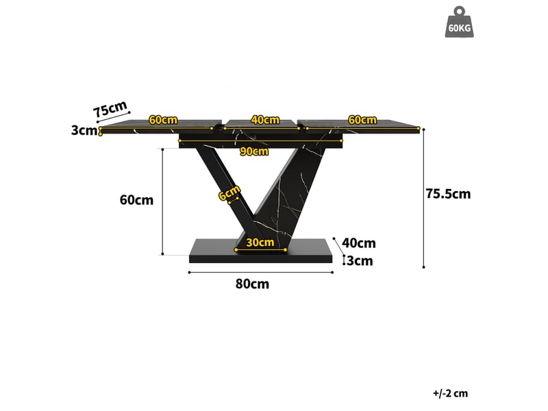  Table à manger extensible 120 à 160 cm, mdf effet marbre noir et métal  - Conforama E
