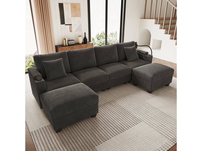 Canapé panoramique en u modulable 5-6 places avec couchage et usb - velours côtelé gris - Conforama B