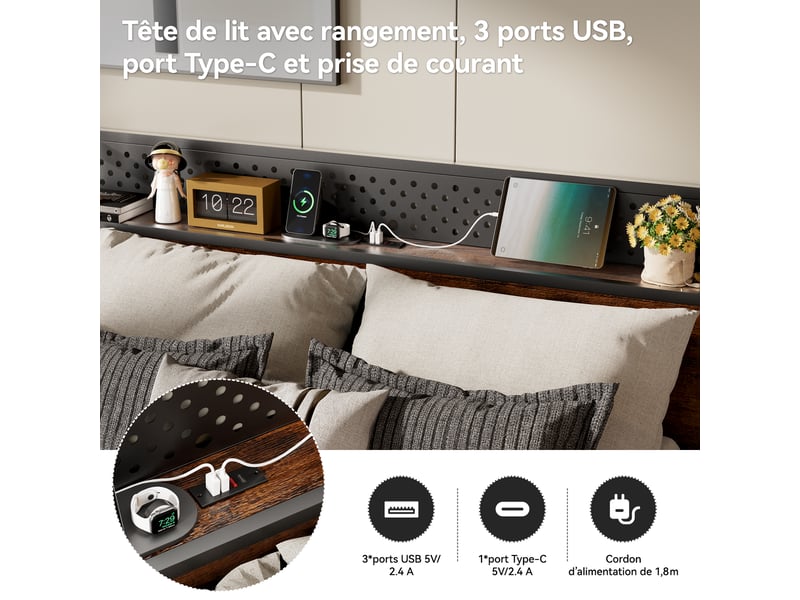  Lit 140x200 cm, lit double avec cadre de lit métallique robuste, éclairage led, prises, usb et type-c, tête de lit avec rangement, design minimaliste, stable, silencieux et antidérapant, noir  - Conforama C