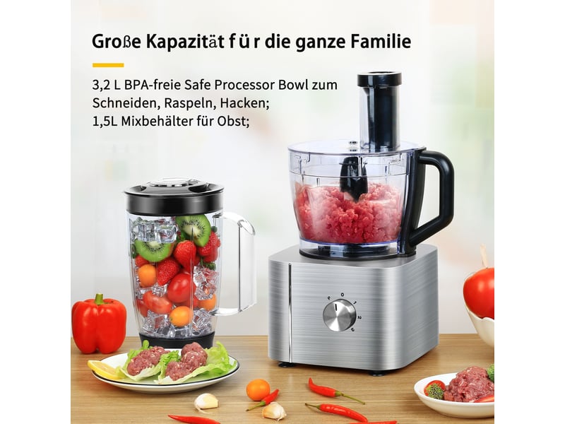  Robot de cuisine multifonction 1100 w avec bol de 3,2 litres, hachoir, pétrin, coupe-légumes et fonction pulse  - Conforama C