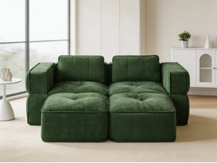 Canapé modulable 2 places, 2 poufs, mousse 32d, assise profonde, tissu confortable, 198×162×67 cm, vert