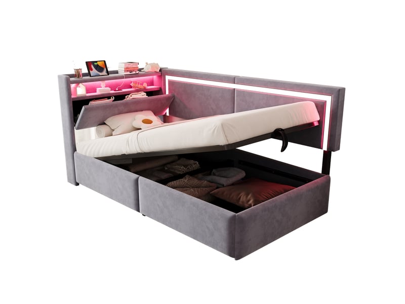  Lit banquette simple 90×200 cm, coffre, led réglable et usb  - sans matelas, velours gris clair  - Conforama A