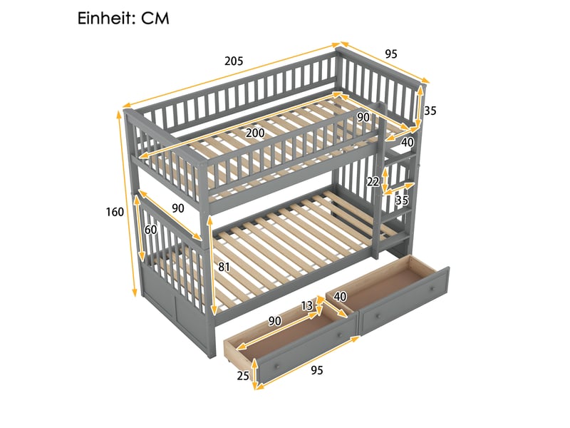  Lit superposé 90 x 200 cm enfant avec 2 tiroirs, séparable en deux lits, en pin massif et mdf, gris  - Conforama C