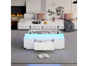 Table basse plateau relevable led avec rangement caché, 96x45x40 cm, bois d'ingénierie, blanc laqué