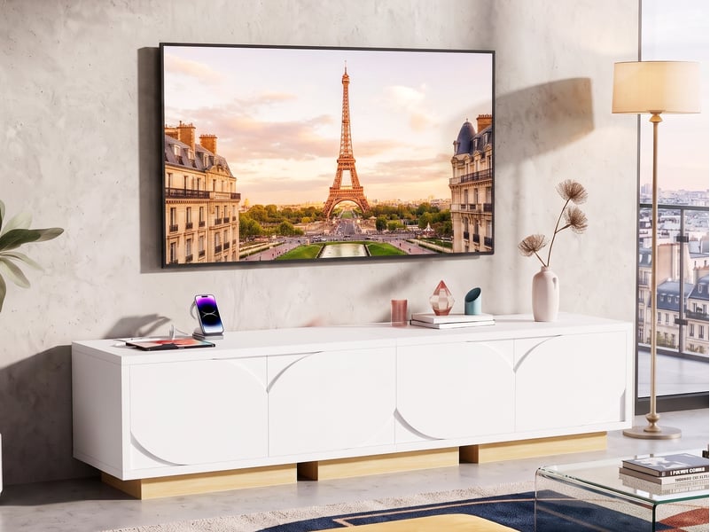  Meuble tv 175 cm longueur, meuble tv blanc et bois, meuble tele blanc brillant avec rangement, meuble tv moderne en bois pour salon ou chambre, support tv jusqu’à 75  - Conforama B