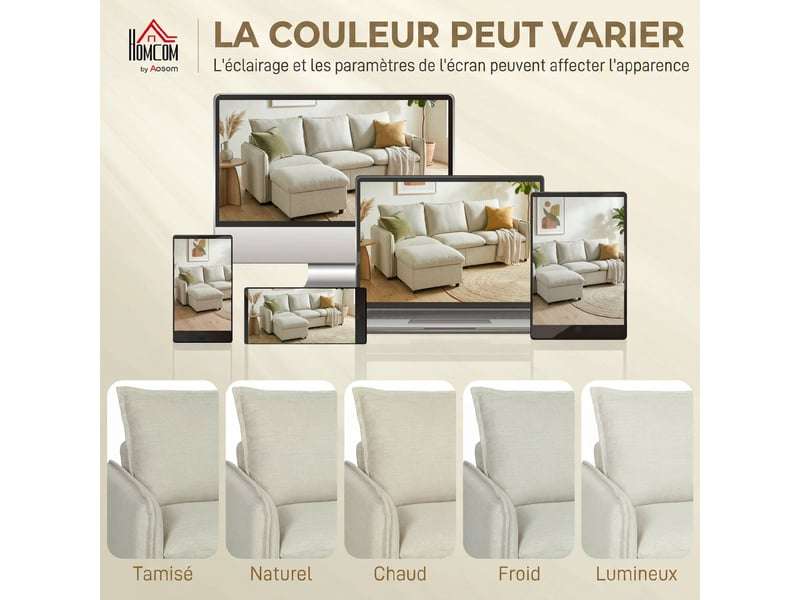 Canapé 3 places avec pouf de rangement, canapé d'angle modulable 212 cm, coussins à ressorts, crème, tissu en lin - Conforama W