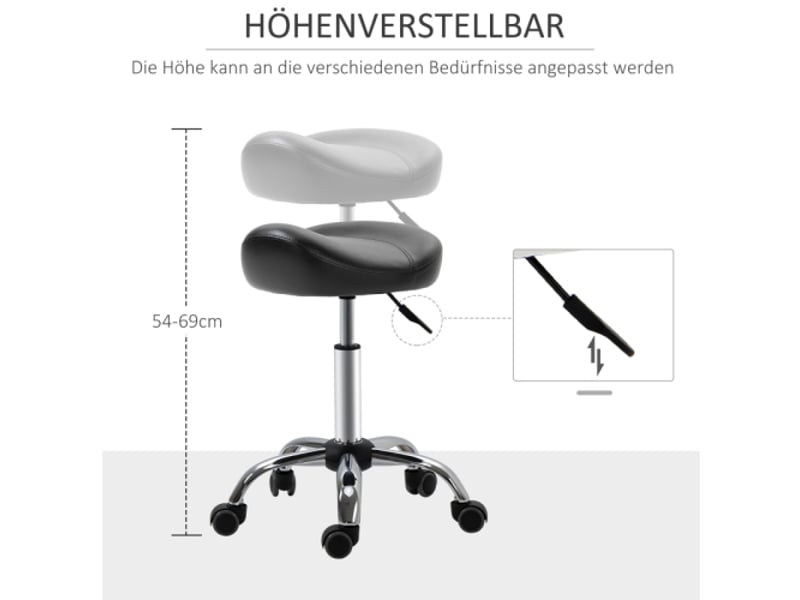  Tabouret de travail pivotant à roulettes, similicuir noir, réglable 54-69 cm, salon et massage  - Conforama D