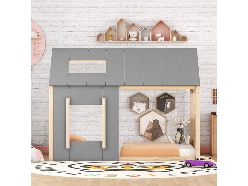  Lit enfant cabane 90x200 cm coloris naturel et gris  - Conforama D
