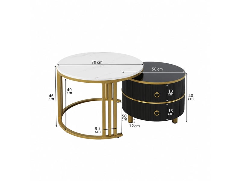  Ensemble de 2 tables basses rondes avec 2 tiroirs, effet marbre brillant, ø 70 et 50 cm  - Conforama C