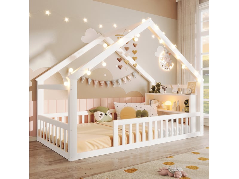  Lit enfant 90x190 cm avec éclairage led et rangements en bois blanc  - Conforama D