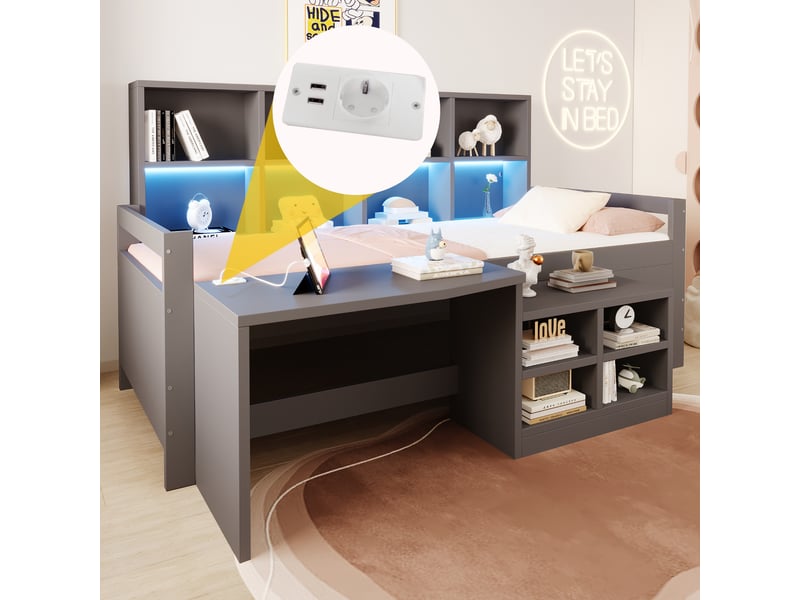  Lit enfant multifonctionnel 90x200 cm - lit simple avec rangement, bureau, étagères, led et prises - gris  - Conforama D