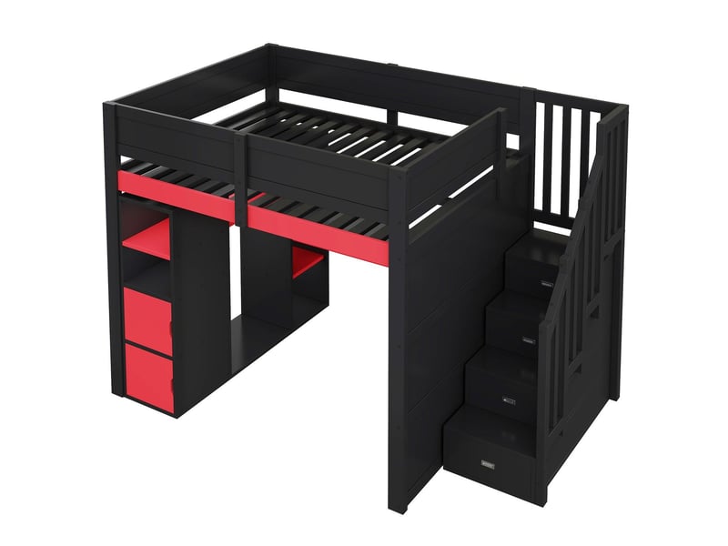  Lit mezzanine 140x200 bureau gaming avec éclairage led et usb - lit double - escalier rangement penderie sommier bois mdf noir rouge  - Conforama E