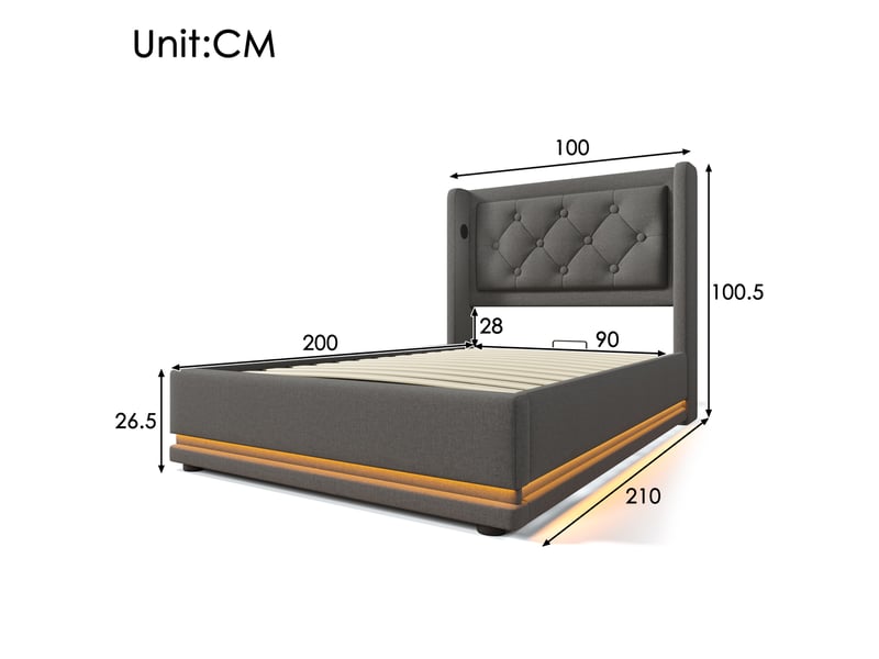  Lit coffre 90 × 200 cm 1 place avec led 3 côtés, usb et type-c, matelas inclus, tissu coton gris  - Conforama D