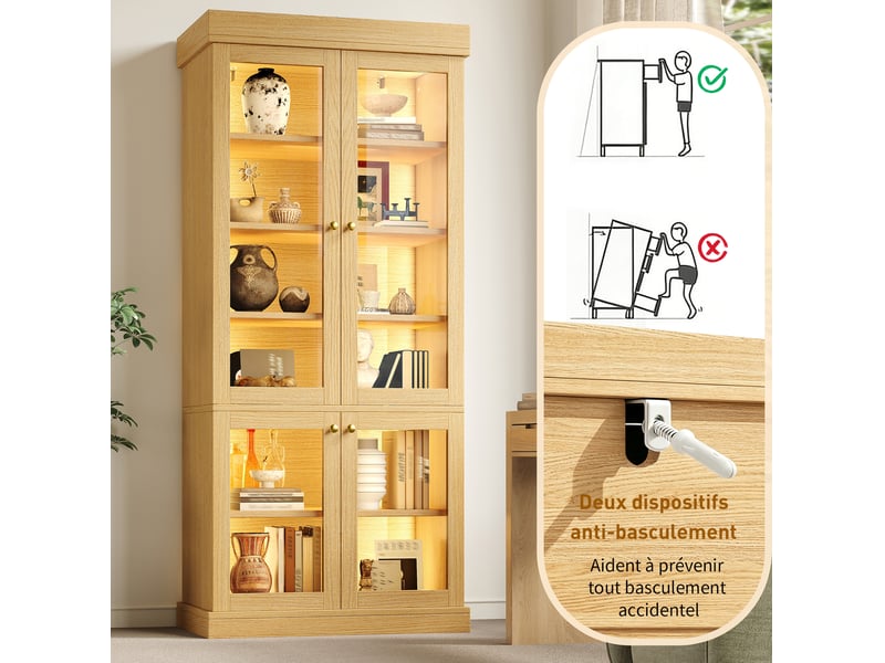 Armoire de rangement à led multicolore, anti-basculement, mdf et verre, bois naturel 160 × 40 × 180 cm - Conforama E