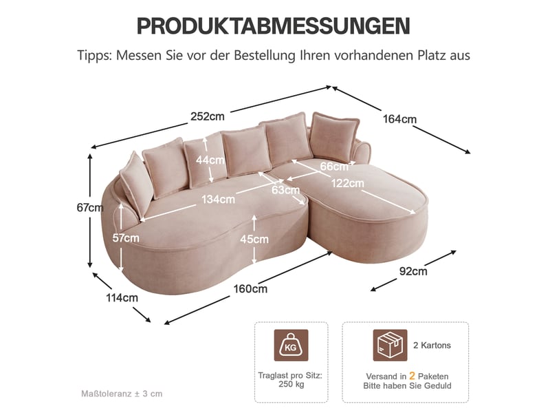  Canapé modulaire en l 252x164x67 cm 3 places, sans montage, assise profonde avec coussins, tissu en chenille, rose  - Conforama C