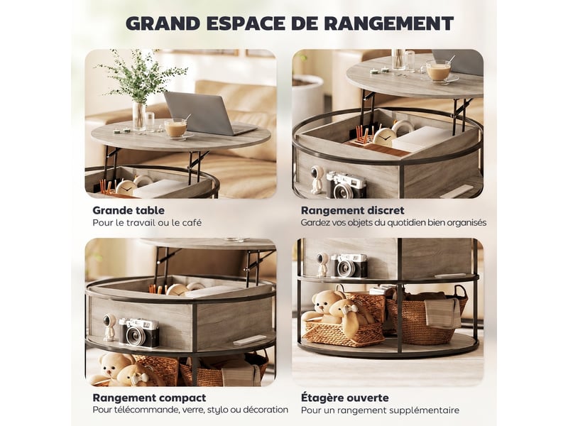  Table basse ronde relevable, plateau relevable couleur chêne, avec rangement et cadre en acier, ø80 cm  - Conforama R