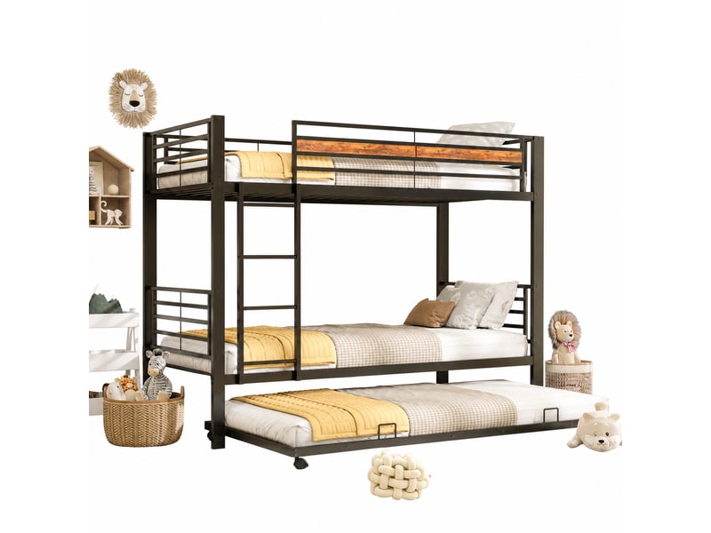  Lit superposé enfant 90x200 cm avec lit gigogne 90x190 cm, 3 couchages, échelle et barrières de sécurité, structure en métal, noir OMNIGLINT TRADING LTD - Conforama A