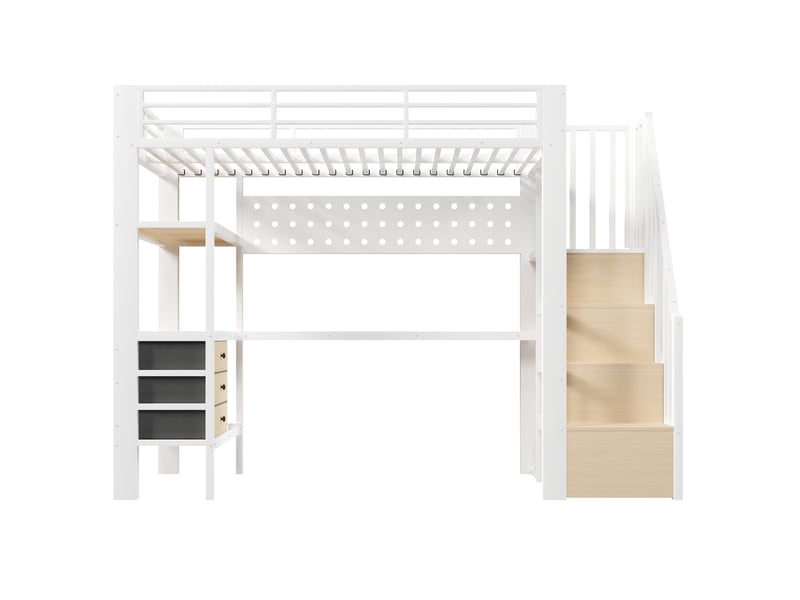  Lit mezzanine métal blanc 90x200 cm avec bureau led tiroir panneau perforé prise  - Conforama A