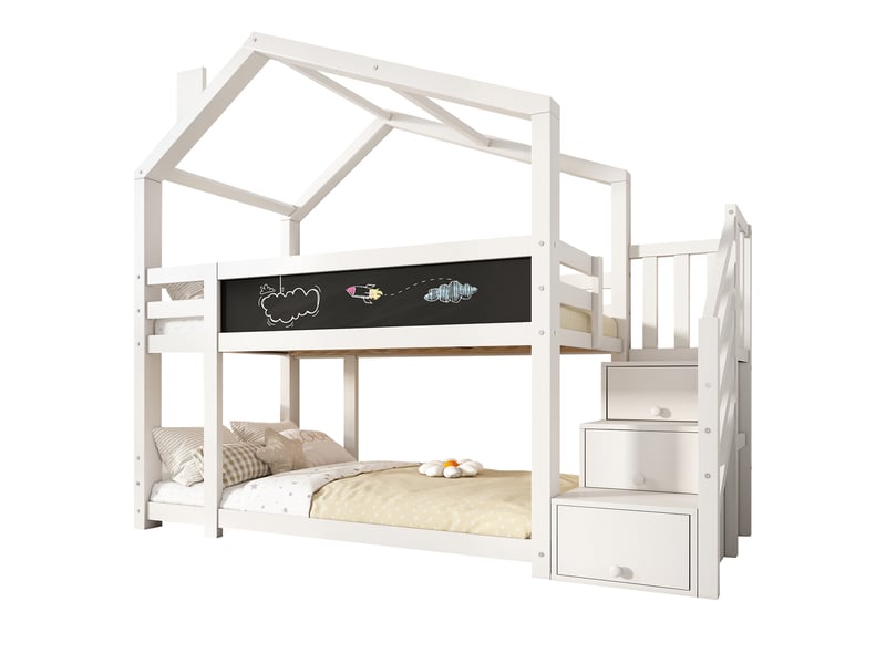 Lit superposé cabane enfant 90x200 cm avec tableau et rangement bois mdf blanc sans matelas - Conforama A