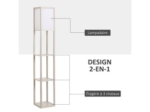 Lampadaire étagère 26l x 26l x 160h cm gris clair 3 étagères 4 niveaux mdf