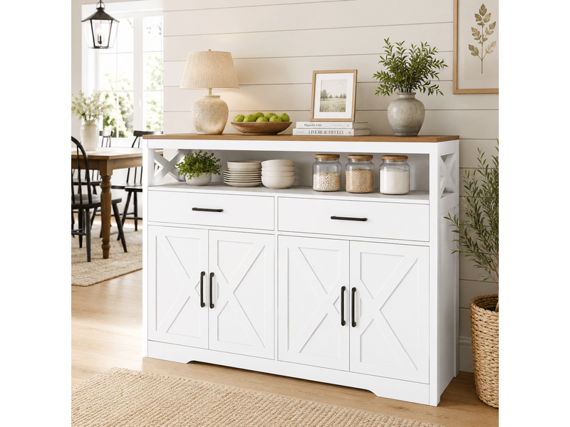  Buffet de cuisine, salle à manger, meuble de rangement avec 2 tiroirs et 3 portes, étagère réglable, pour cuisine, salon, 140x40x105 cm, blanc  - Conforama E