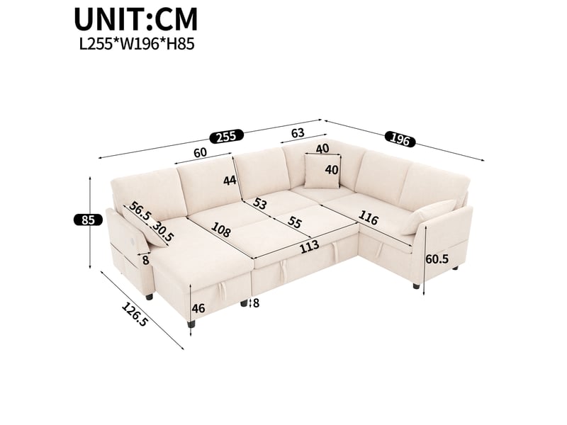 Canapé d’angle modulable 6 places 255x196x85 cm convertible avec coffre en métal et bois couleur beige, design moderne - Conforama C