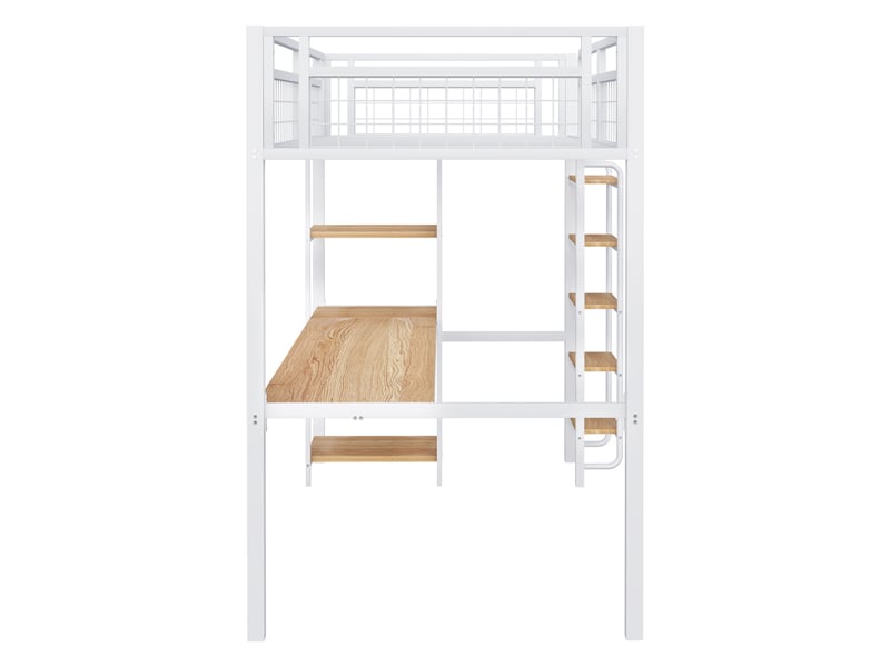  Lit mezzanine avec bureau et étagères, métal blanc, 90x200 cm, escalier et barrières sécurisées  - Conforama D