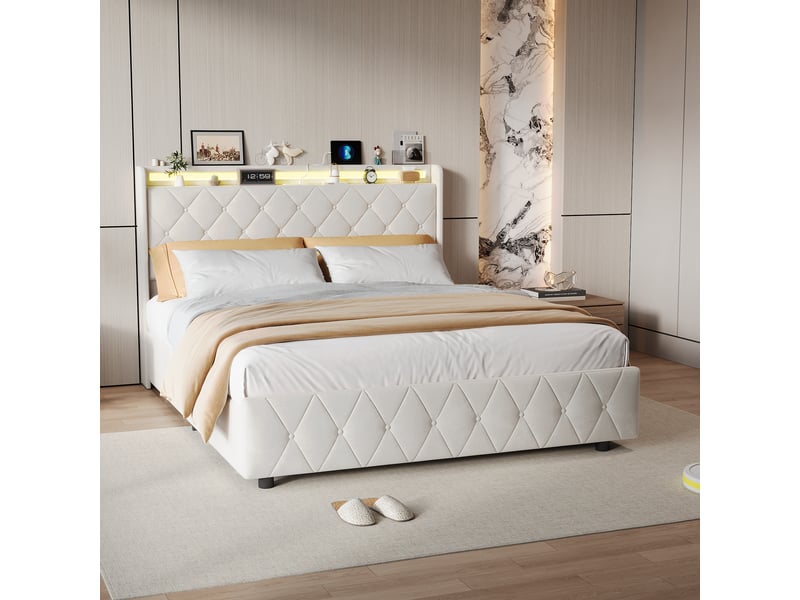  Lit double 160 x 200 cm beige – velours moelleux, tête de lit avec étagère &amp; veilleuse led, ports usbtype-c &amp; 4 tiroirs  - Conforama D
