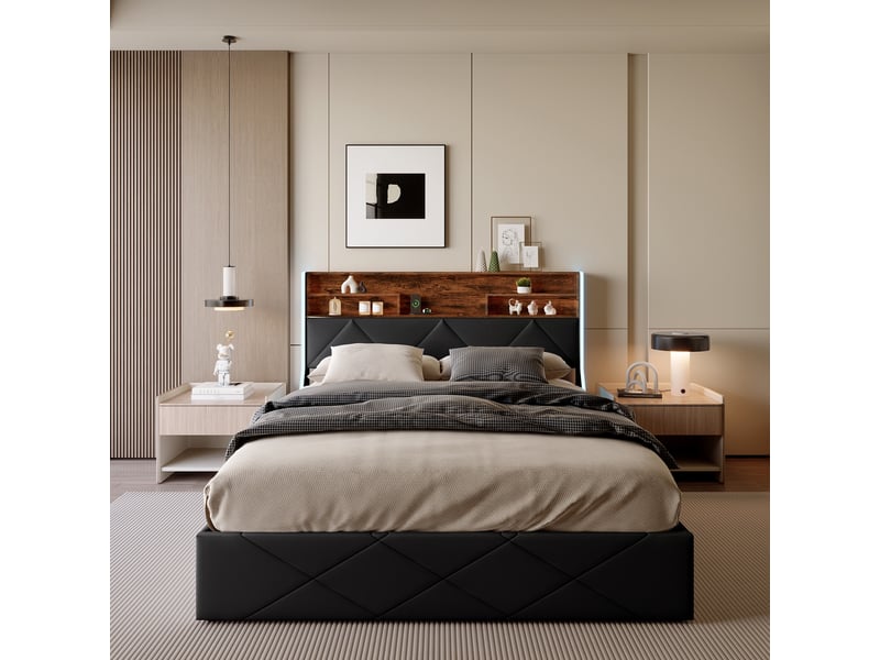Lit coffre 160x200cm - lit double 160x200 - en pu noir avec tête de lit rangement, led rgb et usbtype-c - noir et bois - Conforama C