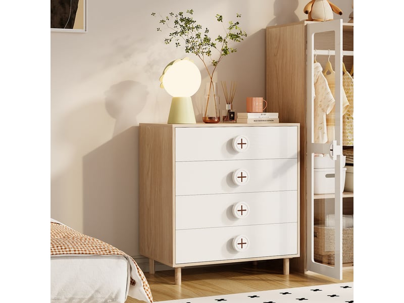  Table de chevet 80x54x90 cm avec 4 tiroirs en mdf, coloris naturel et blanc  - Conforama D