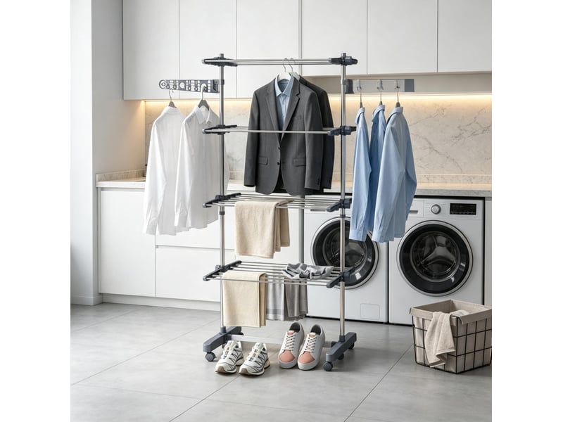 Séchoir à linge pliable gris en acier inoxydable et abs, 4 niveaux sur roulettes, rangement compact à domicile - Conforama E