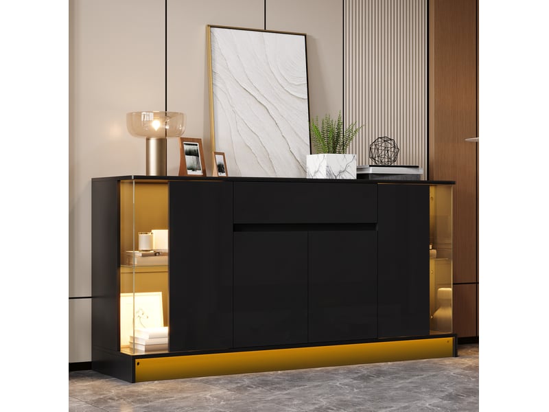 Buffet bas 150x40x75 cm noir avec vitrines en verre et éclairage led - Conforama B