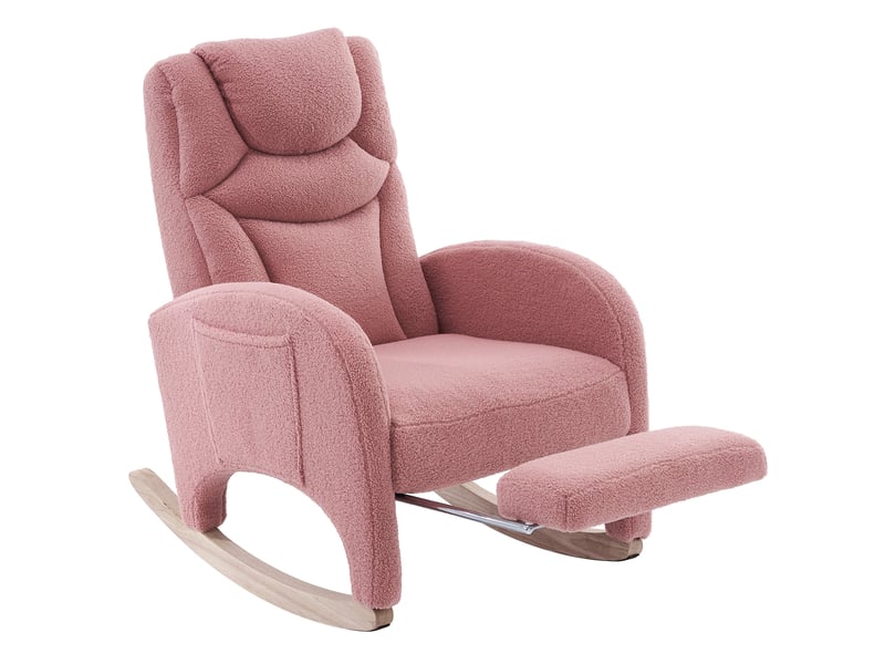 Fauteuil à bascule avec repose-pieds pliable, appui-tête et dossier ergonomique en tissu teddy rose - Conforama A