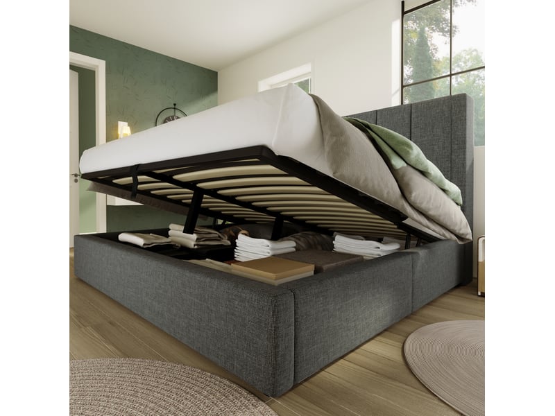  Lit coffre double 160x200 cm, espace de rangement, avec station de charge et porte-gobelet, lin, gris, matelas inclus  - Conforama D