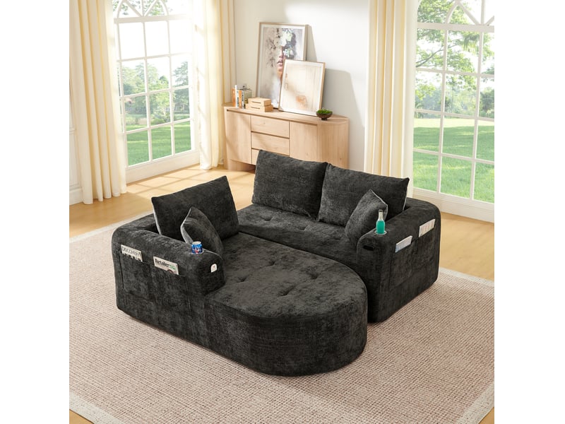  Canapé d'angle ulevr 3 places avec rangement et porte-gobelet inox, tissu de lin noir, 255 x 171 x 64 cm, sans montage  - Conforama D