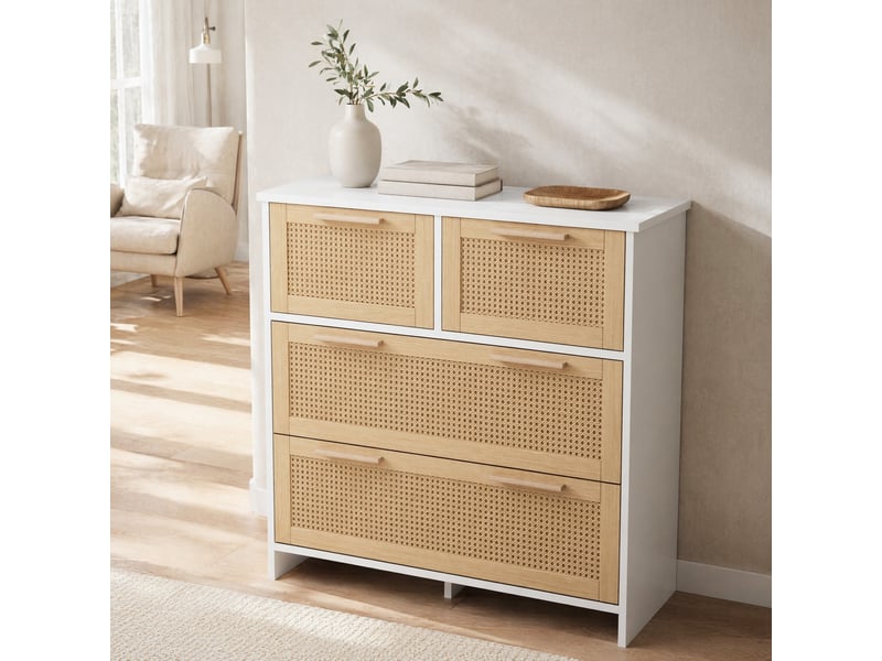  Commode 4 tiroirs effet rotin – mdf et poignées en bois – naturel et blanc – 80 x 80 x 38 cm  - Conforama C