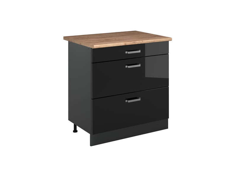  Vicco meuble cuisine, noir haute brillanceanthracite, 80cm avec 3 tiroirs plan de travail chêne doré  - Conforama A