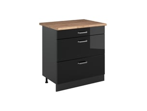 Vicco meuble cuisine, noir haute brillanceanthracite, 80cm avec 3 tiroirs plan de travail chêne doré