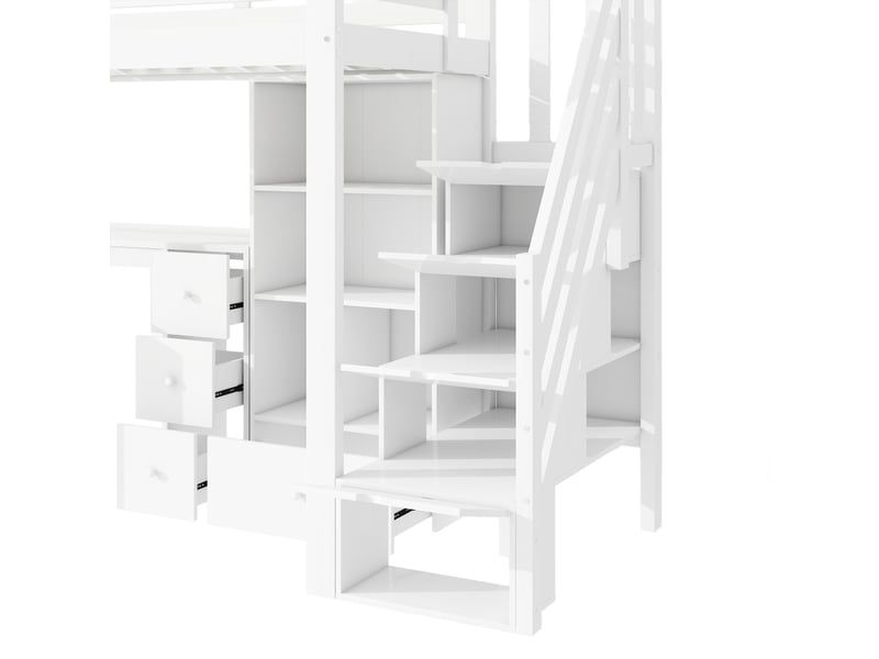 Lit mezzanine enfant 200×90 cm avec bureau, tiroirs, rangements et échelle, sans matelas, en pin et mdf blanc - Conforama E