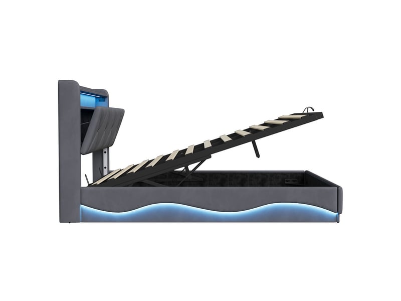 Lit 160x200cm - lit coffre 160x200cm - lit hydraulique avec tête de lit à rangement, led rgb, ports usb et type-c - gris  - Conforama A