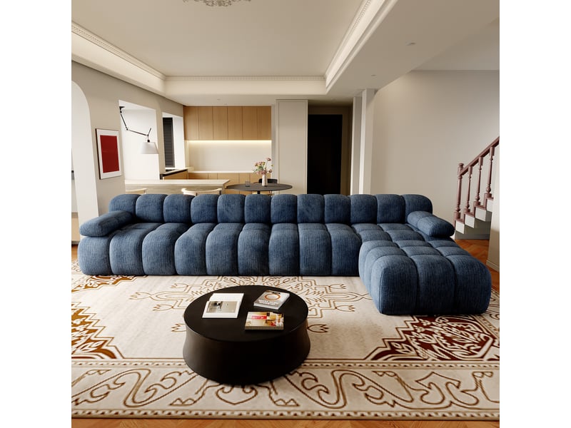  Canapé d'angle en l 400 cm, sans montage, mousse compressée, pour salon, chambre et appartement, bleu  - Conforama C